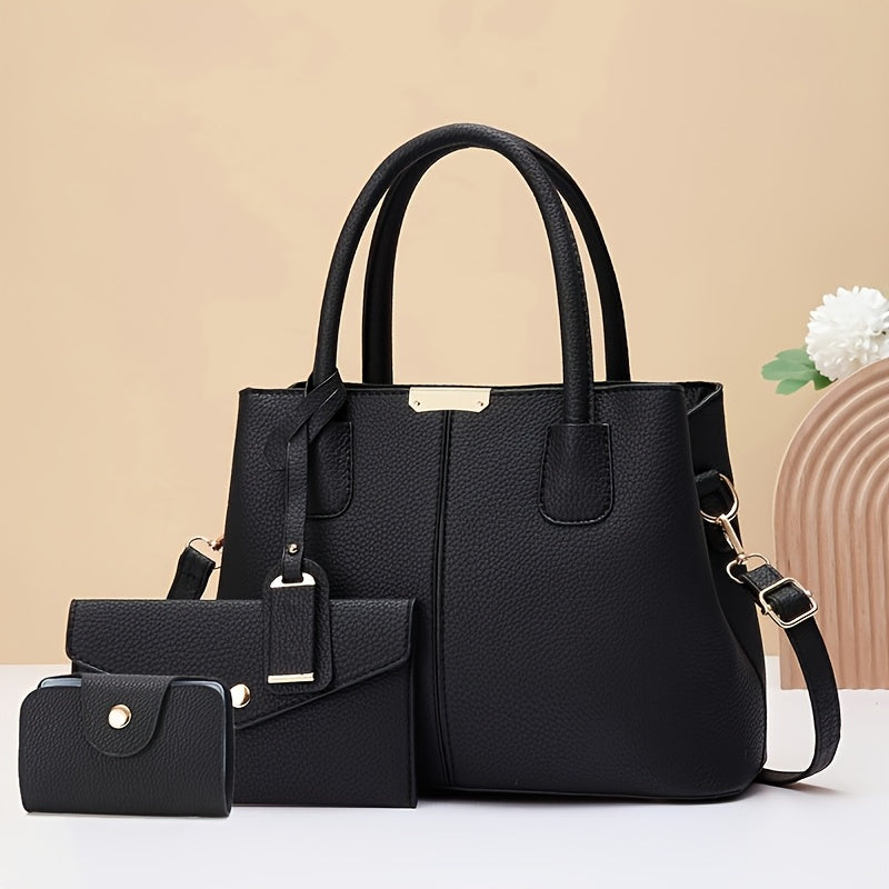 CHROSGEKEIDI Women's Elegant Large Capacity Tote Bag with Detachable Shoulder Strap, Golden-Tone Hardware & Matching Clutch - Premium Handbag for Work, Travel, Gift for Mom (Black), Versatile Accessory, Sleek Design, Durable