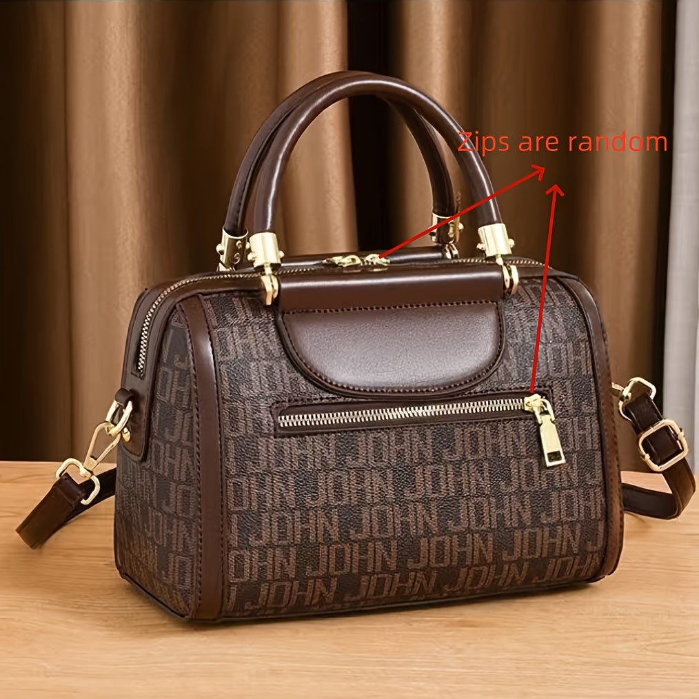 Designer-Inspired Boston Handbag for Women, Large Capacity Shoulder Bag with Zipper Closure, Polyester Lined, Painted Edges, Fashionable Versatile Crossbody Purse for Mature Ladies