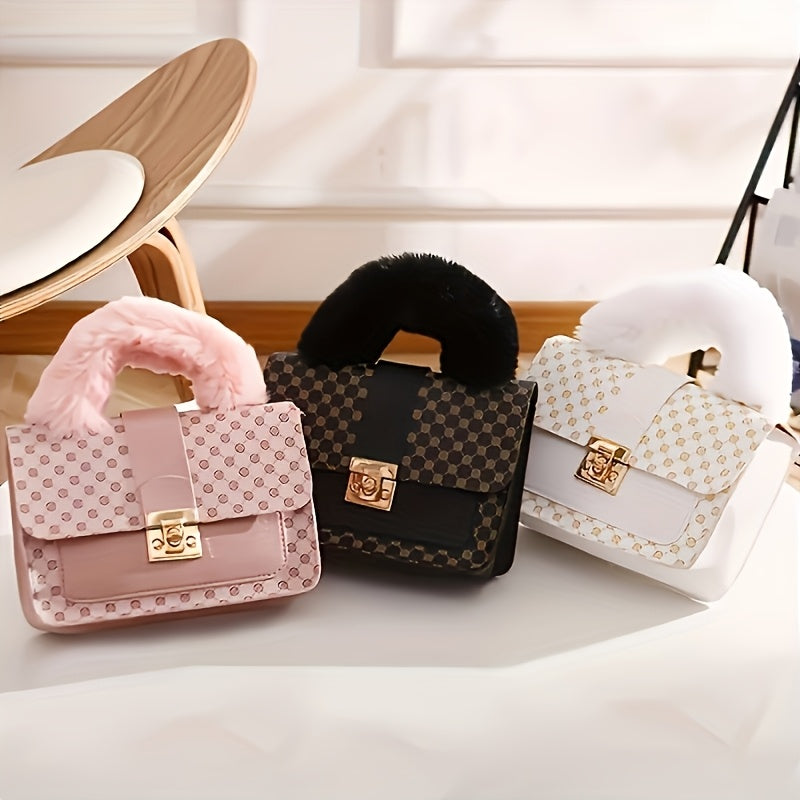 Luxurious Faux Fur Tote Bag for Women - Pastel Pink with Floral Pattern, Lightweight and Stylish Crossbody Purse, Ideal Gift for Spring and Summer, Casual Phone Holder|Faux Fur Tote|Durable Handle, Tote Bag