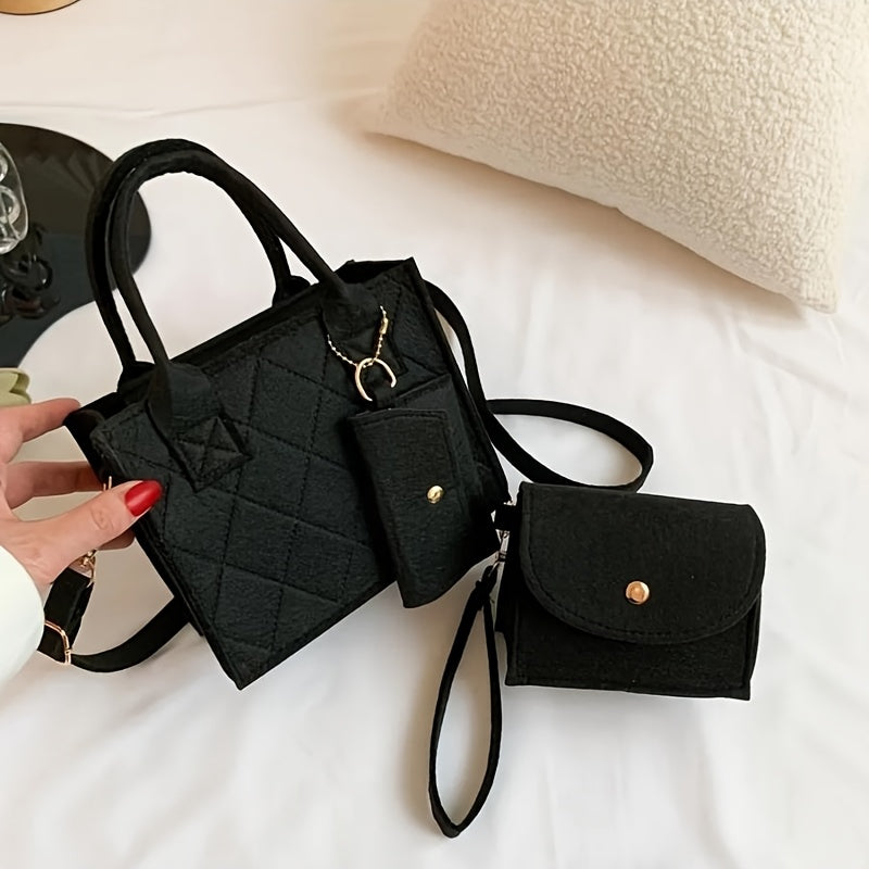 3pcs Women's Plush Tote Bag Set - Multifunctional Work and Travel Organizer with Removable Shoulder Strap, Secure Zip Closure | Includes Adjustable Wallet and Makeup Bag, Black, Office/Commute/Daily Use Can Be Carried Single-