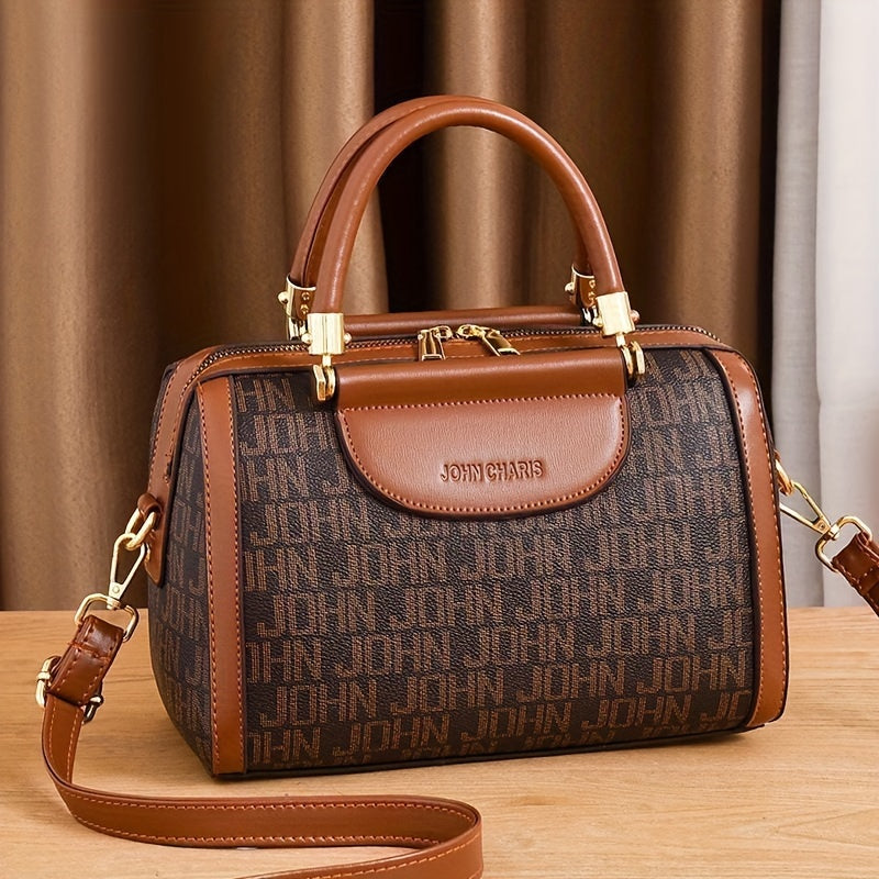 Designer-Inspired Boston Handbag for Women, Large Capacity Shoulder Bag with Zipper Closure, Polyester Lined, Painted Edges, Fashionable Versatile Crossbody Purse for Mature Ladies