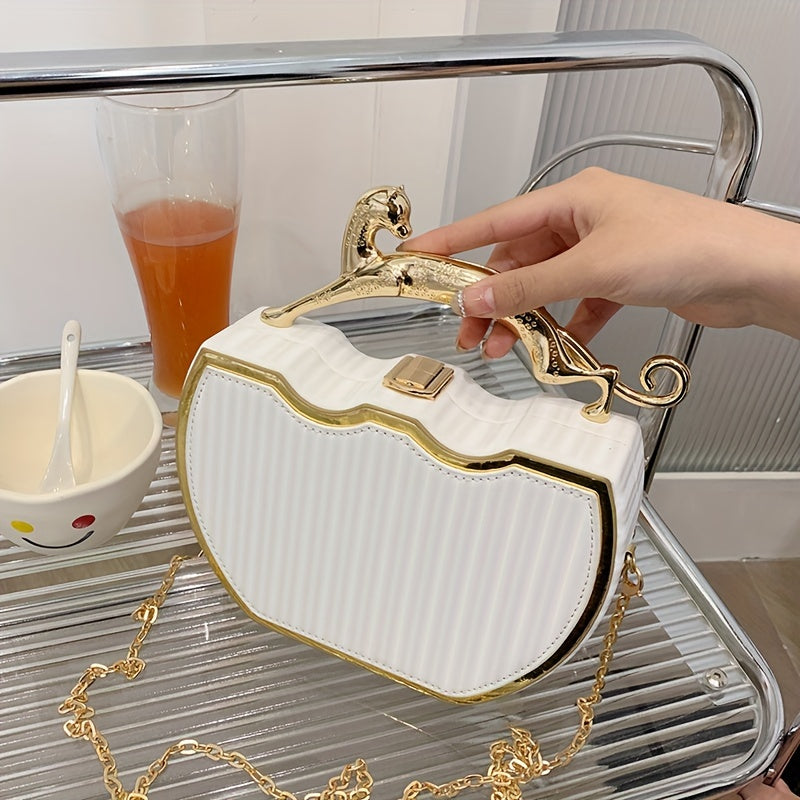 1pc Elegant White Kiss Lock Purse with Golden Chain Strap - Durable, Detachable Shoulder Bag, Perfect for Daily Use, Everyday Purse|Kiss Lock Design|Chain Strap Bag