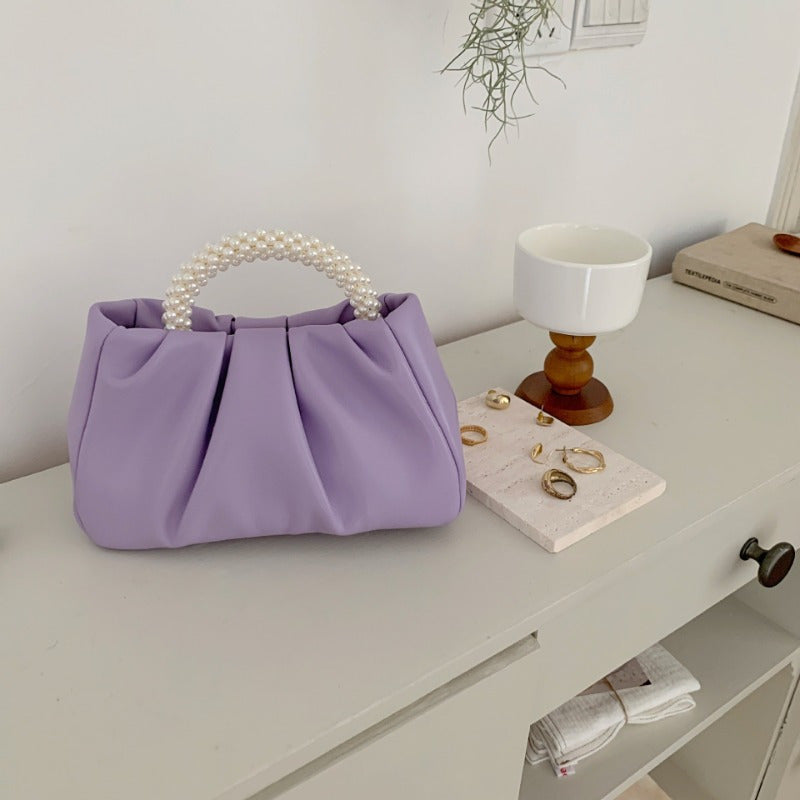 2025 Summer Women'S Fashion Cloud Bag - Light Purple with Pearl Handles, Magnetic Closure, Ruched Design, Polyester Lining, Urban Style Handbag, Ladies Handbags