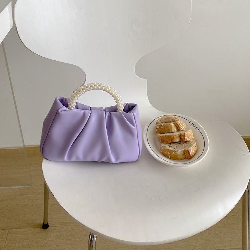 2025 Summer Women'S Fashion Cloud Bag - Light Purple with Pearl Handles, Magnetic Closure, Ruched Design, Polyester Lining, Urban Style Handbag, Ladies Handbags