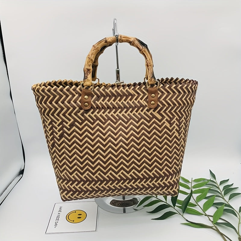 Large Capacity Handwoven Vintage Tote Bag - Brown & Cream Chevron Pattern, Durable Plastic Material, Spacious Open Top Design for Camping, Travel, Beach, and Everyday Use, Casual Carryall, Rugged Aesthetic, Sturdy Handle Cons