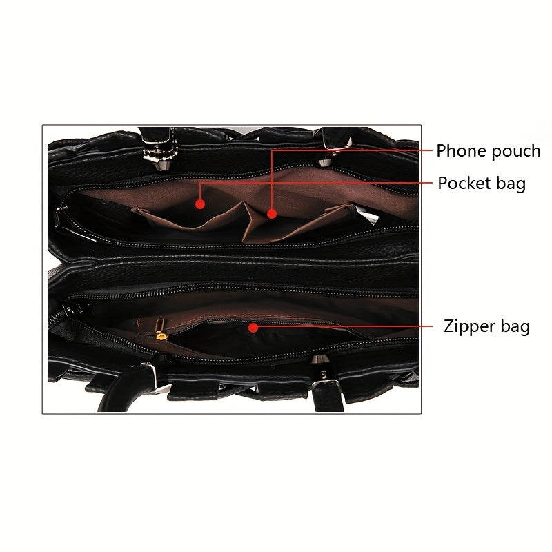 Women's Elegant -like Messenger Bag - Lightweight Handbag with Adjustable & detachable Strap, Zippered Closure, Polyester Lining - Business, Casual, Travel Tote in Black/ - Everyday & Formal Use, Sleek Textured Design, Metall
