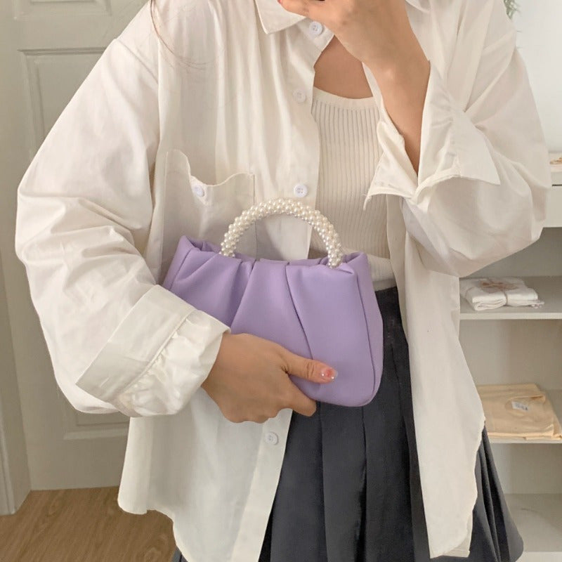 2025 Summer Women'S Fashion Cloud Bag - Light Purple with Pearl Handles, Magnetic Closure, Ruched Design, Polyester Lining, Urban Style Handbag, Ladies Handbags