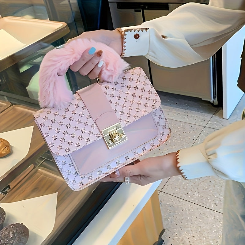 Luxurious Faux Fur Tote Bag for Women - Pastel Pink with Floral Pattern, Lightweight and Stylish Crossbody Purse, Ideal Gift for Spring and Summer, Casual Phone Holder|Faux Fur Tote|Durable Handle, Tote Bag