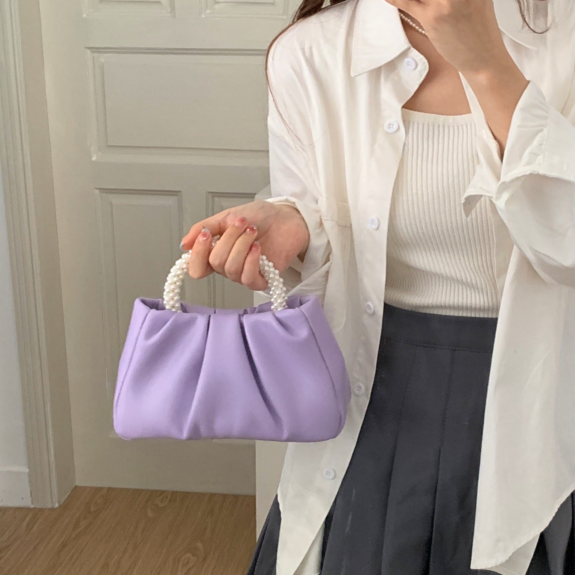 2025 Summer Women'S Fashion Cloud Bag - Light Purple with Pearl Handles, Magnetic Closure, Ruched Design, Polyester Lining, Urban Style Handbag, Ladies Handbags