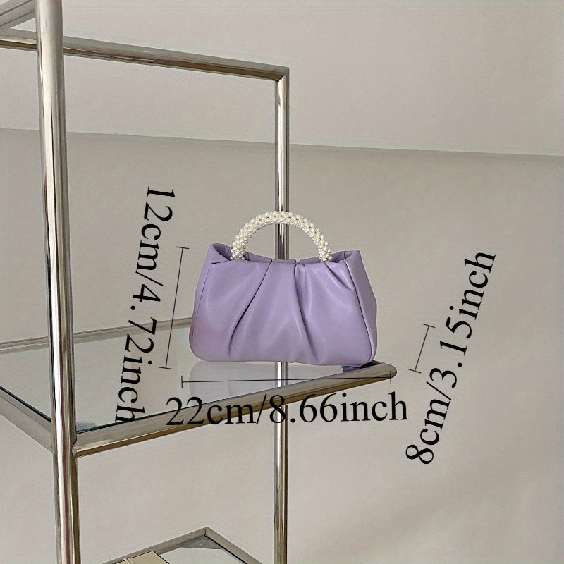 2025 Summer Women'S Fashion Cloud Bag - Light Purple with Pearl Handles, Magnetic Closure, Ruched Design, Polyester Lining, Urban Style Handbag, Ladies Handbags