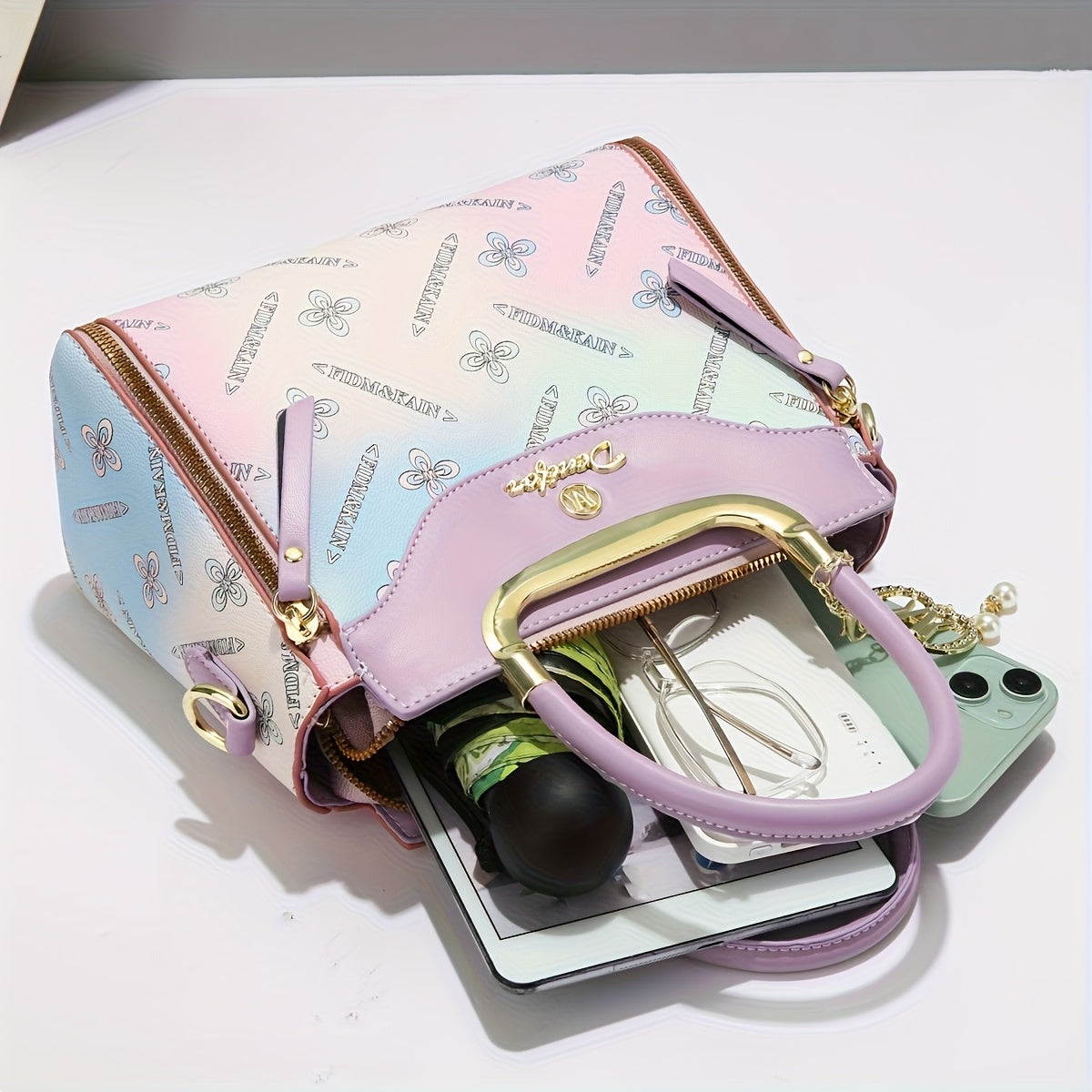 LOEYN Women'S Elegant Crossbody Bag with Detachable Strap - Chic Floral & Butterfly Print, Golden-Tone Hardware, Zipper Closure, Polyester Lining - Perfect Gift for Mom, Versatile Shoulder & Handbag, Fashion Accessory | Flora