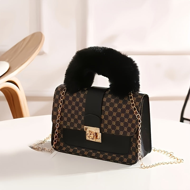 Luxurious Faux Fur Tote Bag for Women - Pastel Pink with Floral Pattern, Lightweight and Stylish Crossbody Purse, Ideal Gift for Spring and Summer, Casual Phone Holder|Faux Fur Tote|Durable Handle, Tote Bag